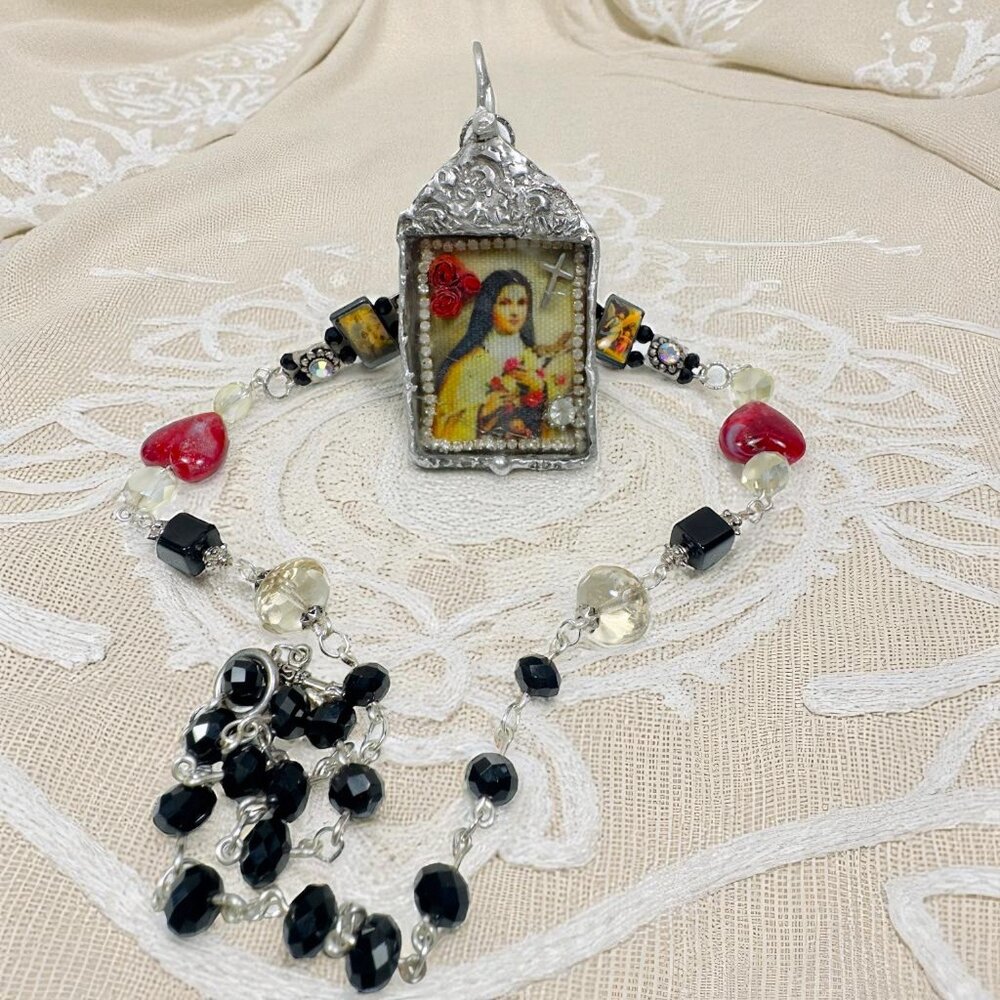 Handcrafted St Teresa Glass Shadow Box Pendant & Artisan Metalwork & Necklace - Picture 3 of 15